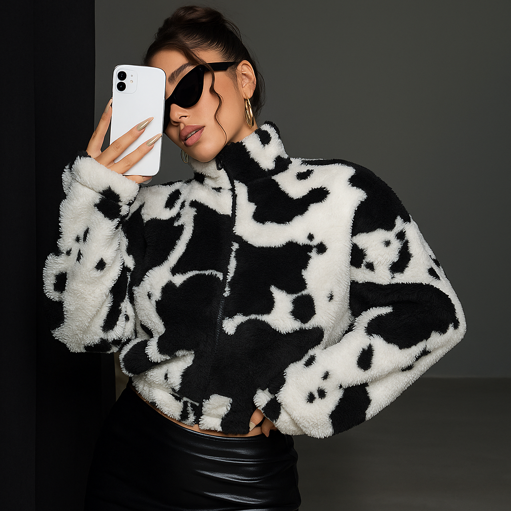 Graphic Zipper High Neck Mock Jacket