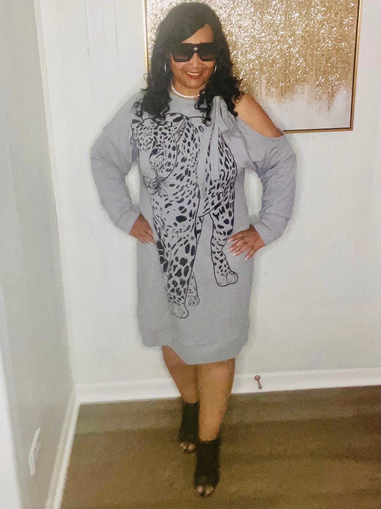 Soho New York Company Leopard Asymmetrical Tie Shoulder Dress