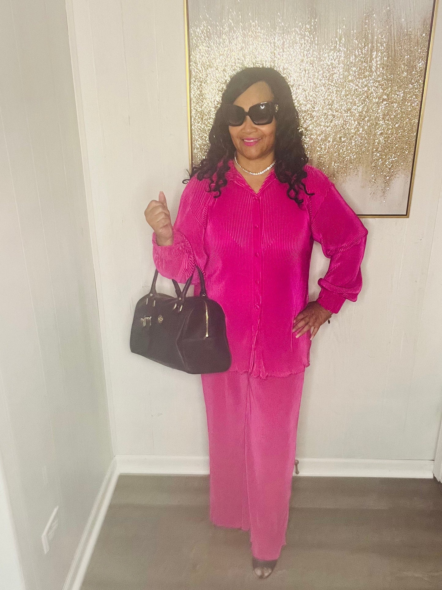 Fuchsia Pleated Plisse Button Up Two-Piece Set