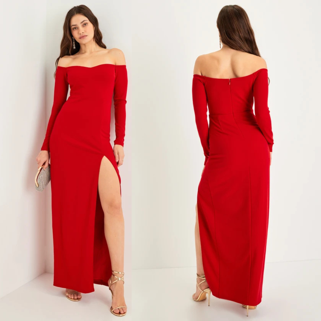 Teeze Me Juniors Red Off-the-Shoulder Long Sleeve Maxi Dress