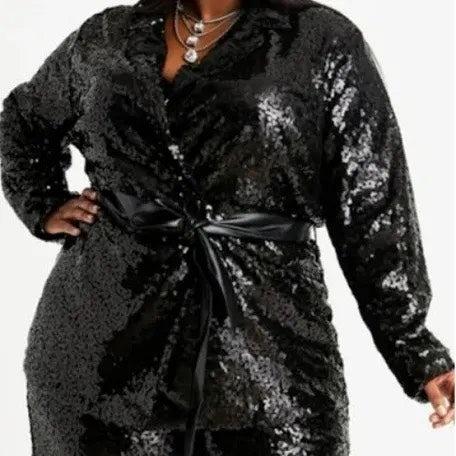 Ashley Stewart Sequin Jacket with Faux Leather Belt
